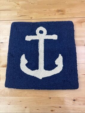 Nautical Anchor Navy Blue Cream Hooked Wool Front Pillow Cover ONLY Coastal